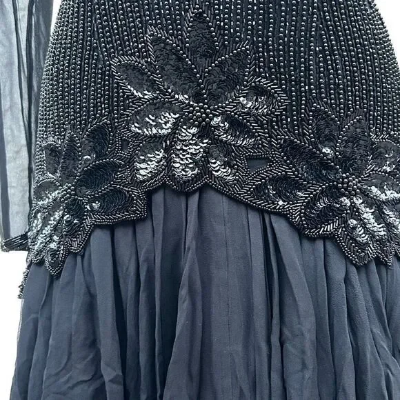 Vintage Black Tie He-Ro Evening Dress 8 Black Sequined Beaded Silk Drop Waist